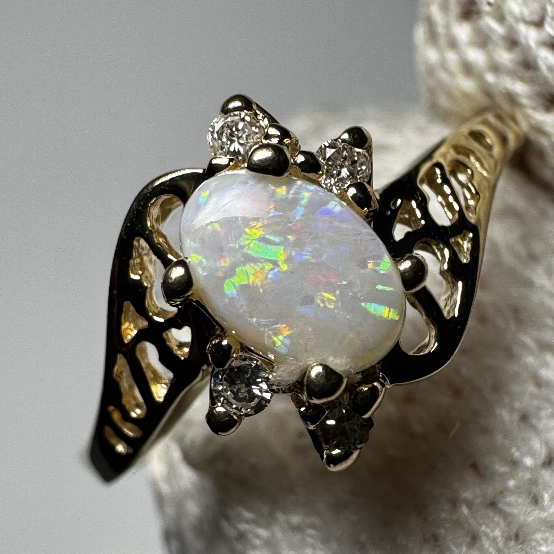 14k Gold Ring with Lightning Ridge Solid Opal and Natural Diamonds