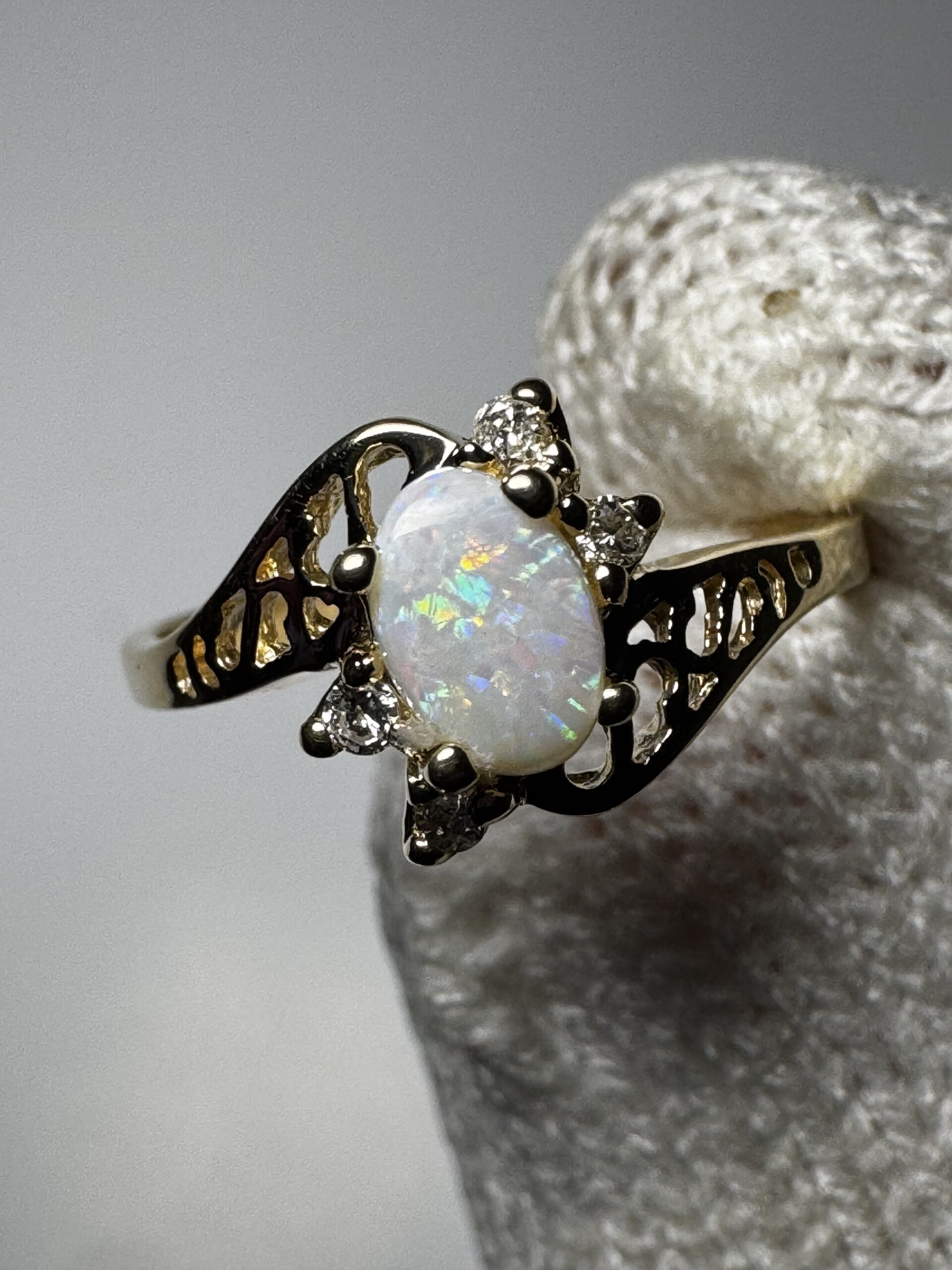 14k Gold Ring with Lightning Ridge Solid Opal and Natural Diamonds - Image 2